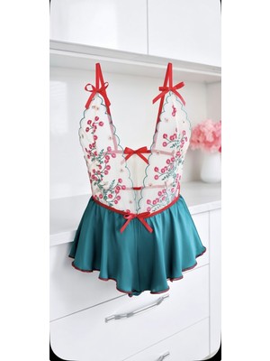 Zümrüt Yeşili Çiçek Desenli Sırt Dekolteli Derin V Kesim Mini Gecelik/tulum