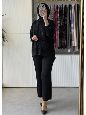 Tığ Triko Pul Nakış Brode Kombinli Gömlek Tunik Pantolon Takım 5087 Siyah