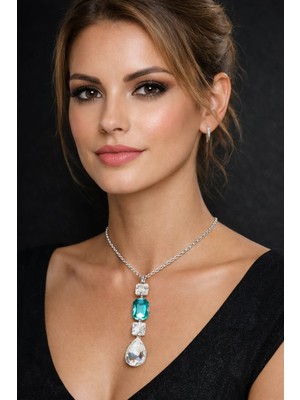 KLC Takı Kadın Gümüş Renk Model Taşlı Kolye