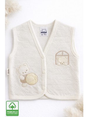 Miniel Unisex Bebek Yoplu Ayıcık Nakışlı Organik Pamuklu 3-6-9 Ay Kapitone Bebek Yelek