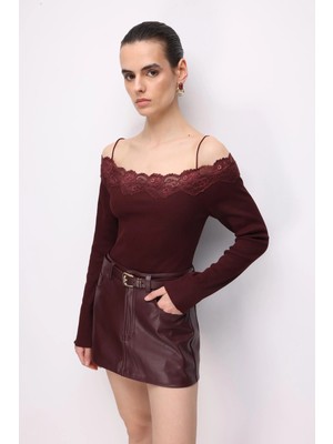 Mixray 2062 Kadın Carmen Yaka Dantelli Bluz Mürdüm