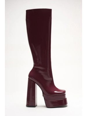 Ayakkabı Ateşi Kadın Çift Platform Kalın Topuk Çizme Penny Bordo Rugan