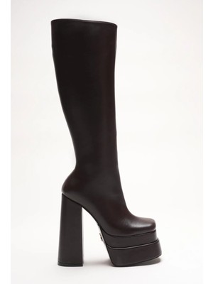 Ayakkabı Ateşi Kadın Çift Platform Kalın Topuk Çizme Penny Kahverengi Cilt