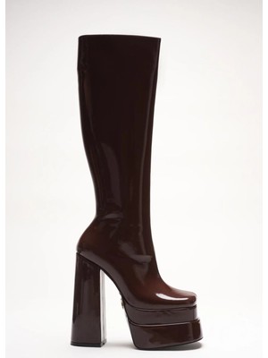 Ayakkabı Ateşi Kadın Çift Platform Kalın Topuk Çizme Penny Kahverengi Rugan