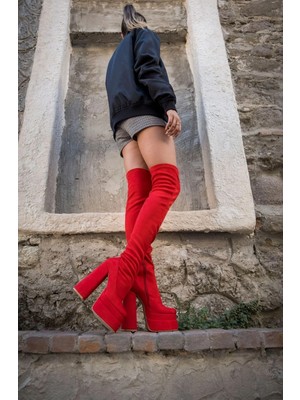 Ayakkabı Ateşi Kırmızı Süet Streç Tasarım Çift Platform Kadın Ayakkabı Reilly