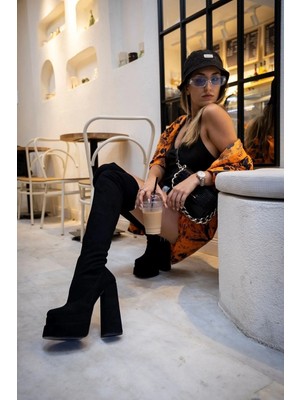 Ayakkabı Ateşi Siyah Süet Streç Tasarım Çift Platform Kadın Ayakkabı Reilly