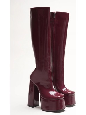 Ayakkabı Ateşi Kadın Diz Altı Yüksek Topuk Platform Çizme Juvily Bordo Rugan