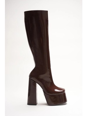 Ayakkabı Ateşi Kadın Diz Altı Yüksek Topuk Platform Çizme Juvily Kahverengi Rugan