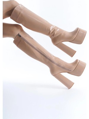 Ayakkabı Ateşi Kadın Diz Altı Yüksek Topuk Platform Çizme Juvily Nude Rugan