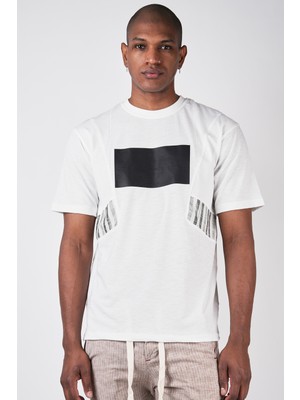 Ex-pent Erkek Düz Kesim Regular Kalıp Baskılı Çizgili Kumaş Kombinasyonlu Pamuklu Krem T-Shirt