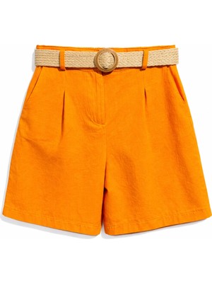 Mixray 4022 Kadın Yüksek Bel Hasır Kemerli Pileli Şort Oranj