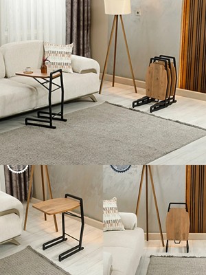 Alchair Alvera Atlantik Çam Mermer Desen Katlanabilir Tekerlekli Yan Sehpa