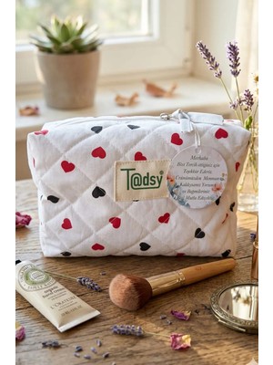 Tadsy Kalp Desenli %100 Pamuk Makyaj ve Kozmetik Çantası | 22X12X10 cm | Seyahat Organizer