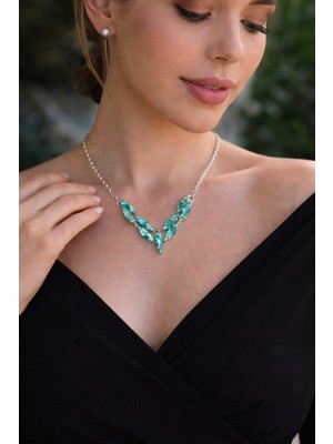 KLC Takı Kadın Gümüş Renk V Model Turkaz Taşlı Kolye