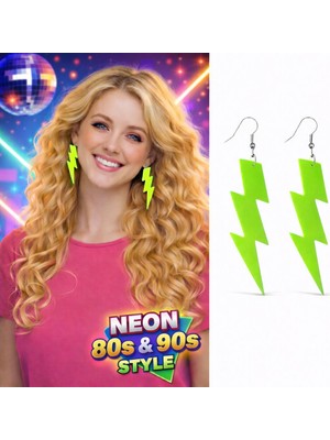 Urfakent Bilişim 80’ler 90'lar Retro Neon Yeşil Şimşek Küpe 10 cm