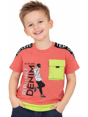 Barkod Kids Erkek Çocuk Reputable Yazı Desenli Cepli Omuzları Yazılı Desenli Kiremit Renk Tişört