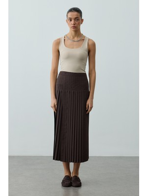 Fahhar Kapaklı Pilise Etek Kahverengi