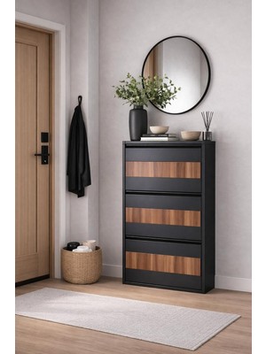 Arinna 3'lü Antrasit Ahşap Desenli Metal Ayakkabılık