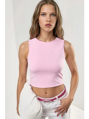 Hiccup Kadınlar BUSEM Kayık Yaka Kolsuz Örme Bluz Toz Pembe