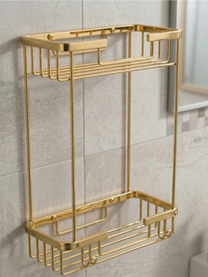 Clk Banyo Karaca Paslanmaz Iki Katlı Banyo Rafı - Lif Askılı Sabunluk ve Şampuanlık Sarı