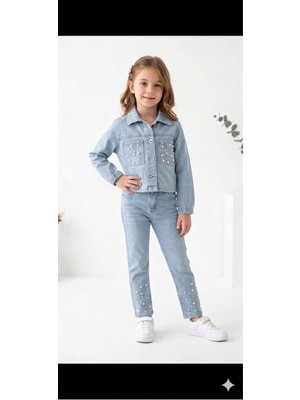HaanBebe Inci Detaylı Kız Çocuk Kot Ceket ve Pantolon Takımı - Açık Mavi Denim Takım
