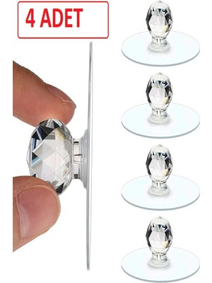 Kitchen Dream Şeffaf Kristal Başlıklı 4'lü Yapışkanlı Kulp Dolap Çekmece Kulp Tutacak Askı
