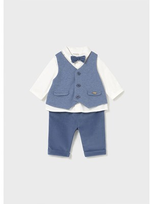 Mayoral Kışlık Erkek Bebek 4'lü Set Yelek Pantolon ve Papyonlu Gömlek - Koyu Mavi
