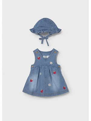 Mayoral Yazlık Kız Bebek Yenidoğan Çilek Işlemeli Şapkalı Yumuşak Denim Elbise - Mavi