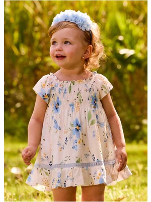 Mayoral Yazlık Kız Bebek Mavi Yeşil Çiçek Baskılı Elbise - Krem