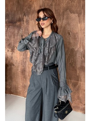 Bejna Kadın Dantel Katmanlı Yaka Bağlamalı Gömlek