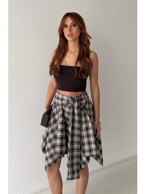 Bejna Kadın Ekose Desenli Bağlama Detaylı Asimetrik Etek