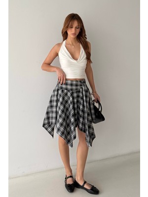 Bejna Kadın Ekose Desenli Bağlama Detaylı Asimetrik Etek