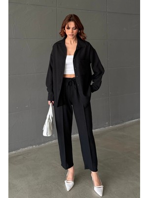 Bejna Kadın Keten Görünümlü Gömlek Pantolon Alt Üst Takım