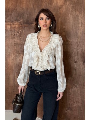 Bejna Kadın Nakış Işlemeli V Yaka Şık Bluz