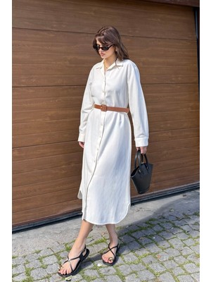 Bejna Kadın Keten Dokulu Kemerli Yazlık Midi Dokuma Elbise