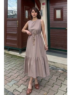 Bejna Kadın Şık Kemer Detaylı Volanlı Keten Dokulu Yazlık Elbise