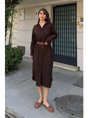 Bejna Kadın Keten Dokulu Kemerli Yazlık Midi Dokuma Elbise