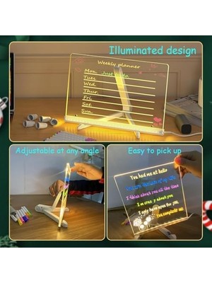 LED Işıklı Akrilik Yazı Tahtası – 20X20 cm Şeffaf Masaüstü Not Panosu, USB Bağlantılı, 7 Renkli Kalem ve Stand Dahil, Çocuklar Için Eğlenceli Yazı Tahtası, Masa Dekoratif Ledli Işık Panosu (20X30 Cm)