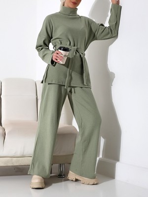 Modamorfo Yarım Boğazlı Kuşaklı Fitilli Takım  -Su Yeşili