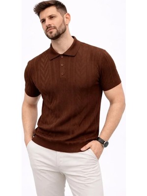 Adisia Erkek Yazlık Triko Tişört Kısa Kol Polo Yaka Düğmeli T-Shirt - Kahverengi
