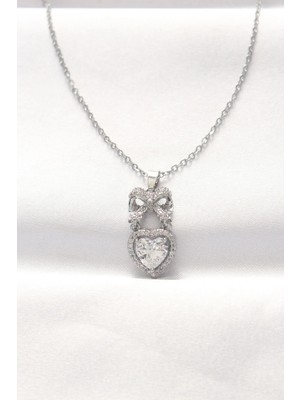 Uslucan Alışveriş 316L Çelik Silver Renk Zirkon Taşlı Kalpli Fiyonk Kolye