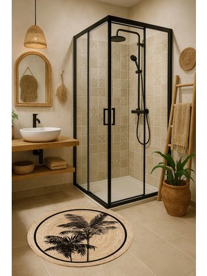 Kilim Home  Boho 959 Siyah Palmiye Ağaç Desenli Doğal Natural Jüt Yuvarlak