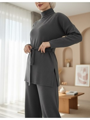 Modamorfo Yarım Boğazlı Kuşaklı Fitilli Takım  -Füme