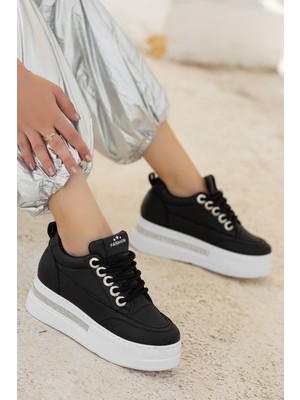 Bluefeet Siyah Cilt Beyaz Tabanlı Bağcıklı Spor Ayakkabı