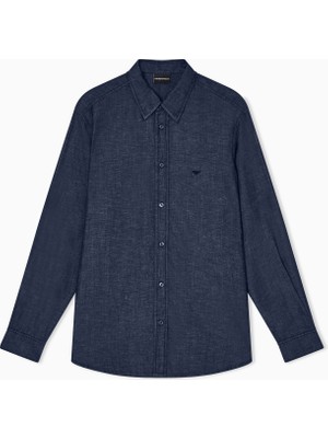 Emporio Armani Erkek Normal Kesim Kartal Logo Detaylı Pamuklu Uzun Kollu Lacivert Gömlek EM001527 AF25156-MB001