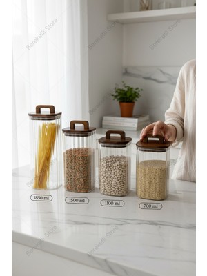 Mien Akasya Line Kare Çizgili Cam Kavanoz Seti 4'lü Vakum Kapaklı Saklama Kabı Baharatlık