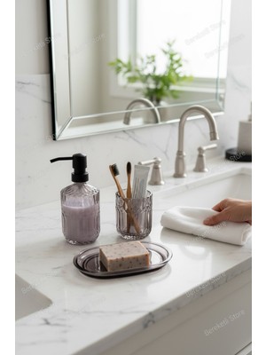 Mien Sarı Çizgili Cam Banyo Seti | Sıvı Sabunluk, Diş Fırçalık ve Sabunluk | Şık & Modern Tezgâh Üstü Set