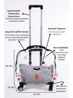 GOBYPET VG Premium Şeffaf Tekerlekli Kedi ve Köpek Taşıma Valizi Büyük Model Dayanıklı Malzeme ile
