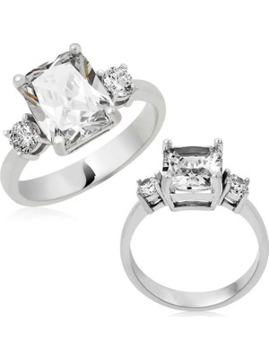 Inure Jewelry Gümüş Kare Montür Üç Taş Bayan Yüzük