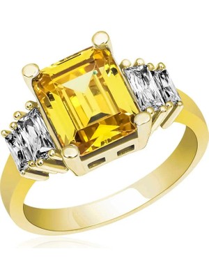 Inure Jewelry Gümüş Sarı Baget Taşlı Gold Bayan Yüzük